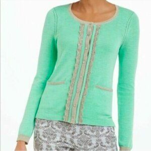 Monogram Anthropologie button down cardigan green and gold HWA anthro knit